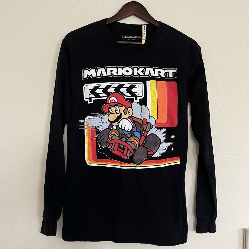 Mario Kart  Mens Long Sleeve Crew Neck Black Checkered Sleeve T Shirt SZ S